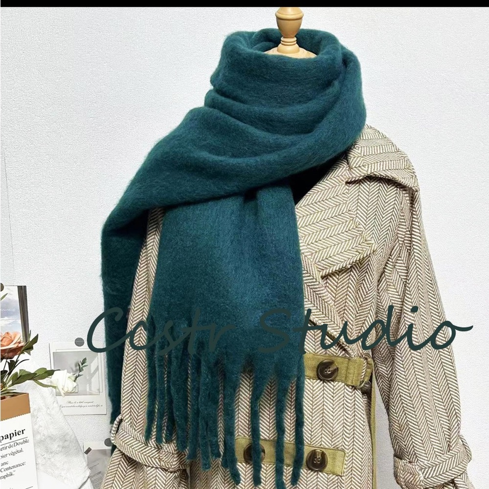 Teal Mohair Tassel Scarf: Winter Shawl
